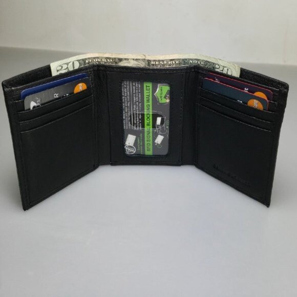 Men's Genuine Leather RFID Blocking Trifold Black Wallet NEW in Box - Picture 1 of 4